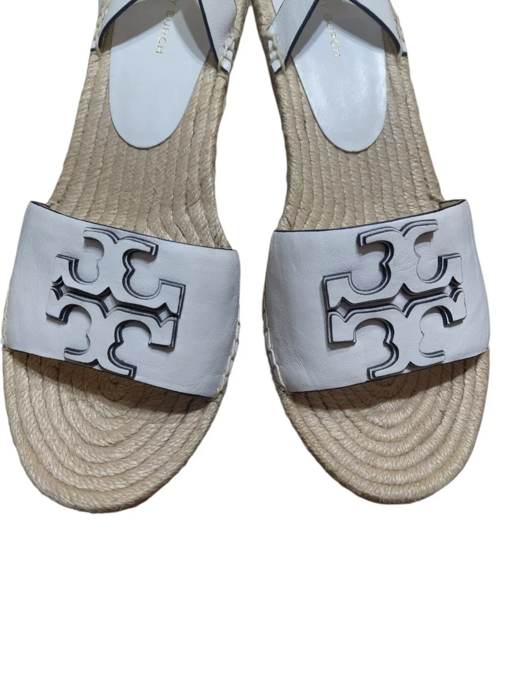 Tory Burch Ines White Leather Logo Espadrille Wedge Sandals Size 9.5
